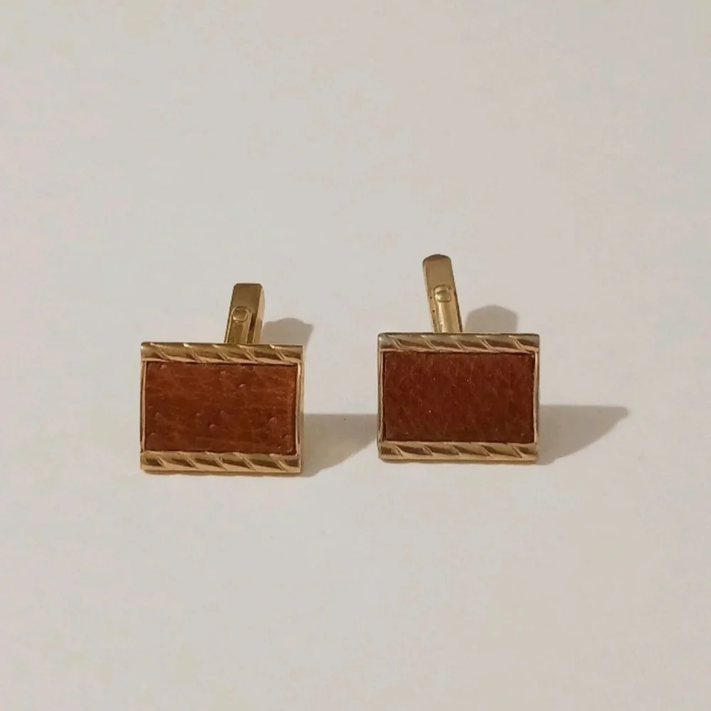 VTG Swank Gold Tone Rectangular Cufflinks Brown Faux Leather Inlay MCM Retro